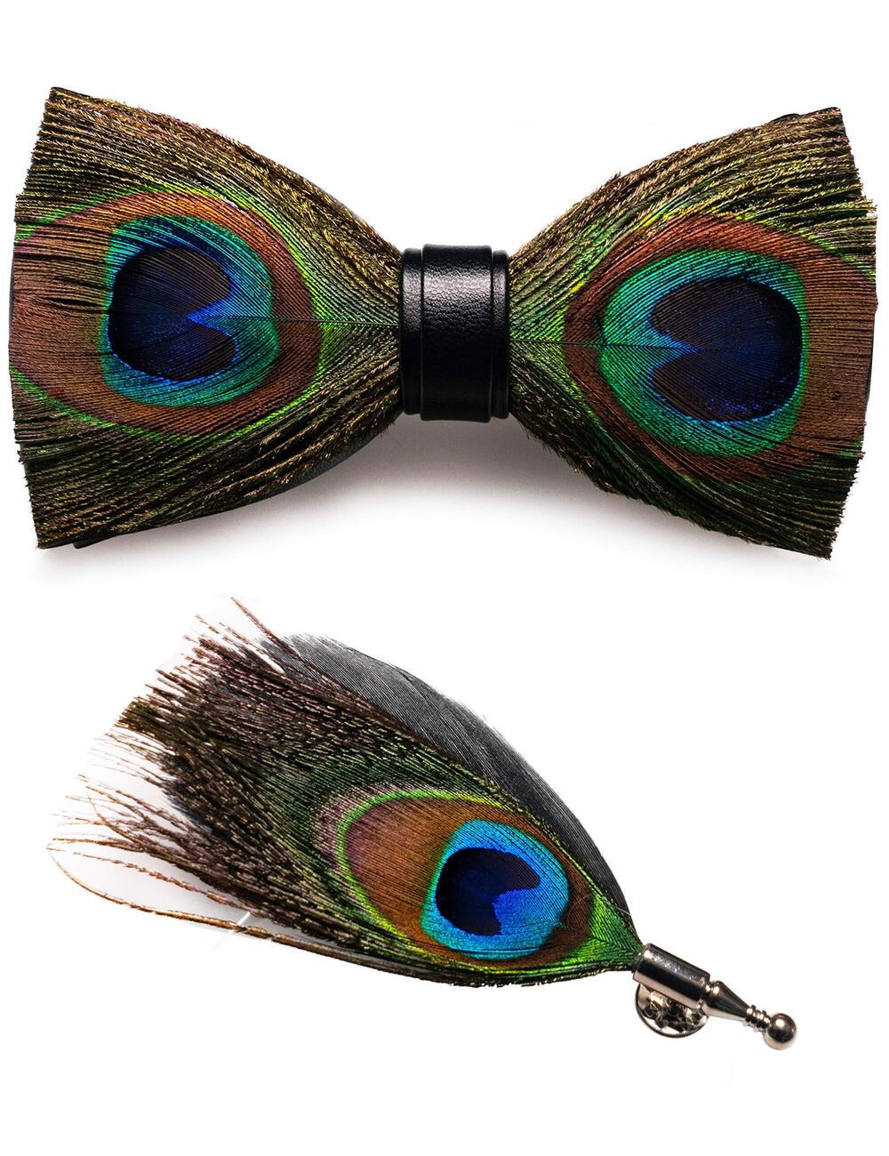 3900 Leather Feather Handmade Pre-tied Bow tie and Brooch Sets 1